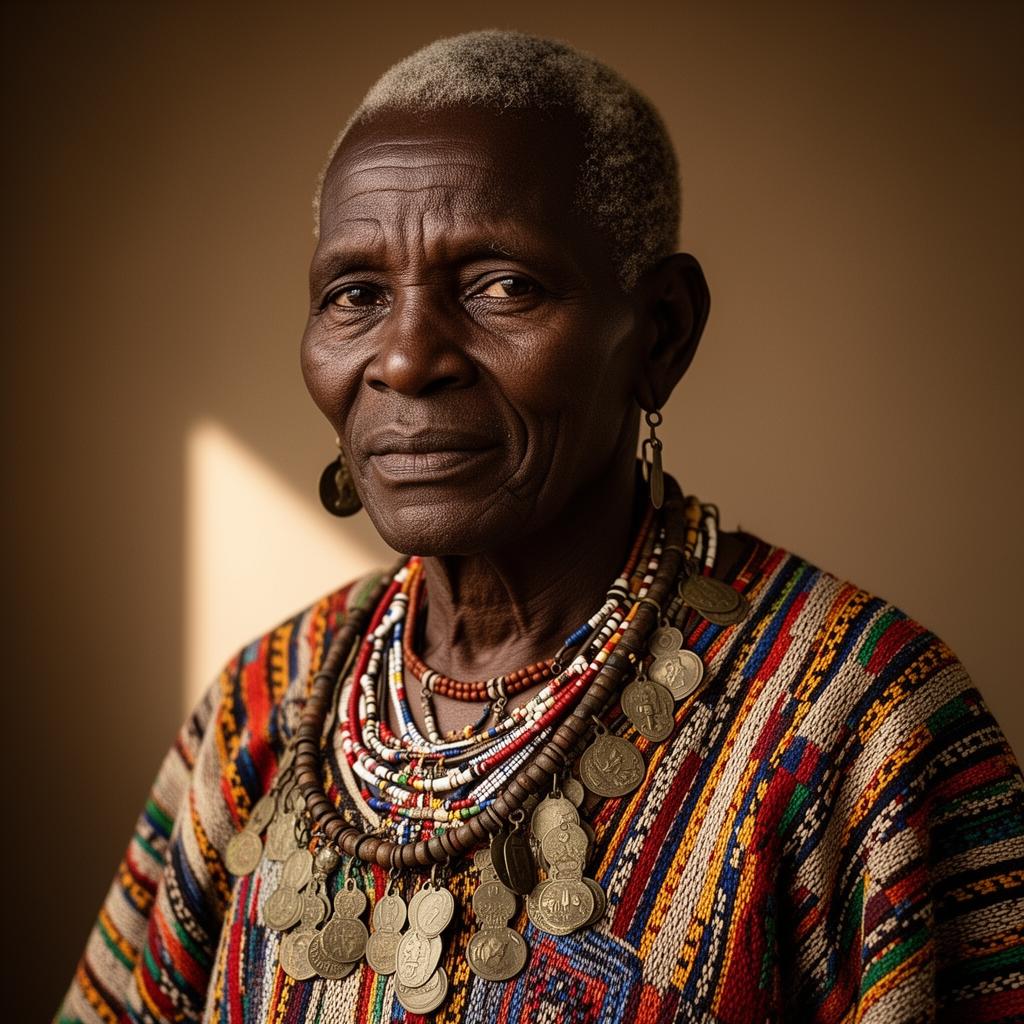 Portrait of a Marghi elder in traditional woven attire